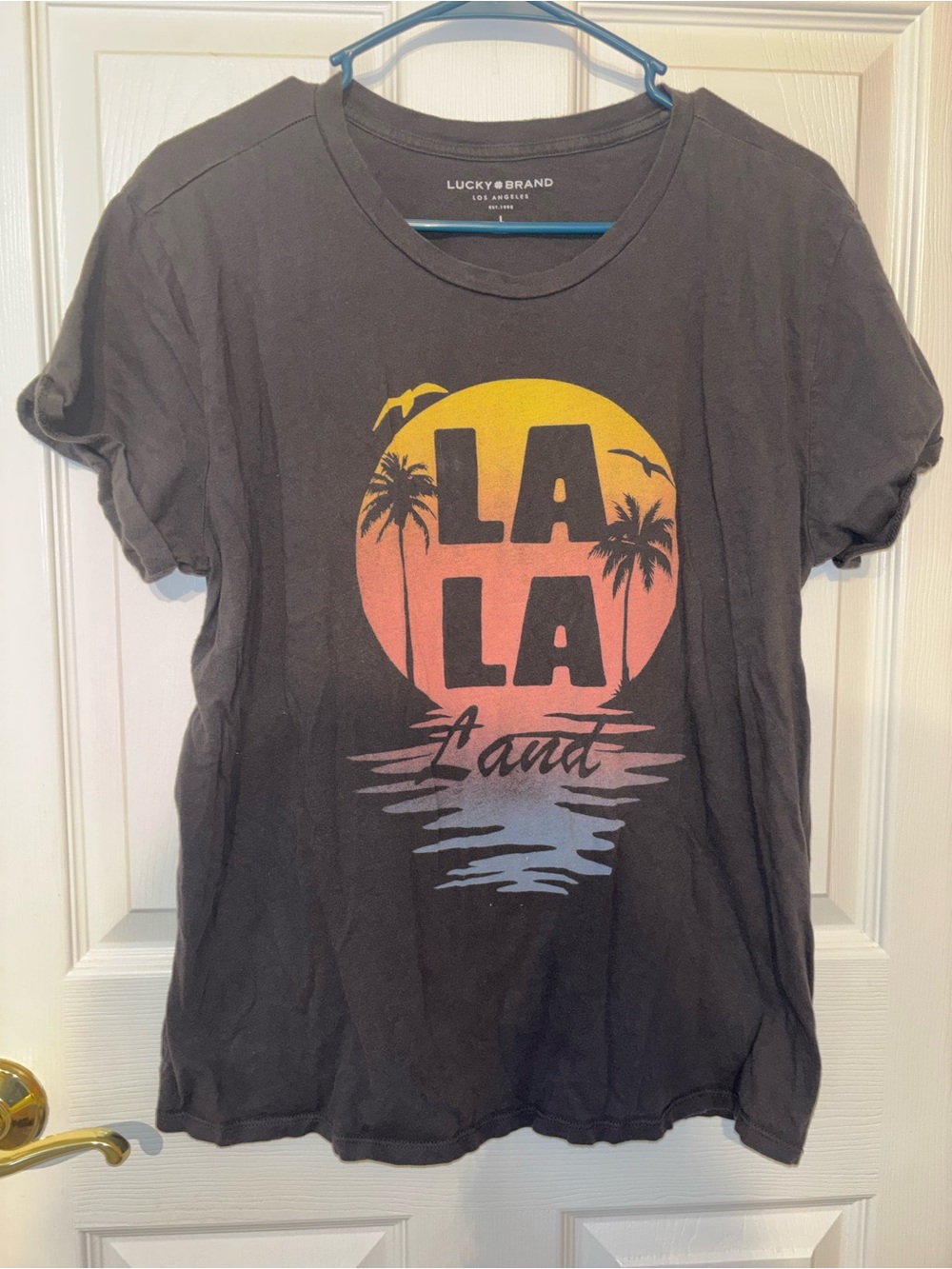 Lucky Brand Charcoal Tee with Yellow-Pink Sunset LA Graphic